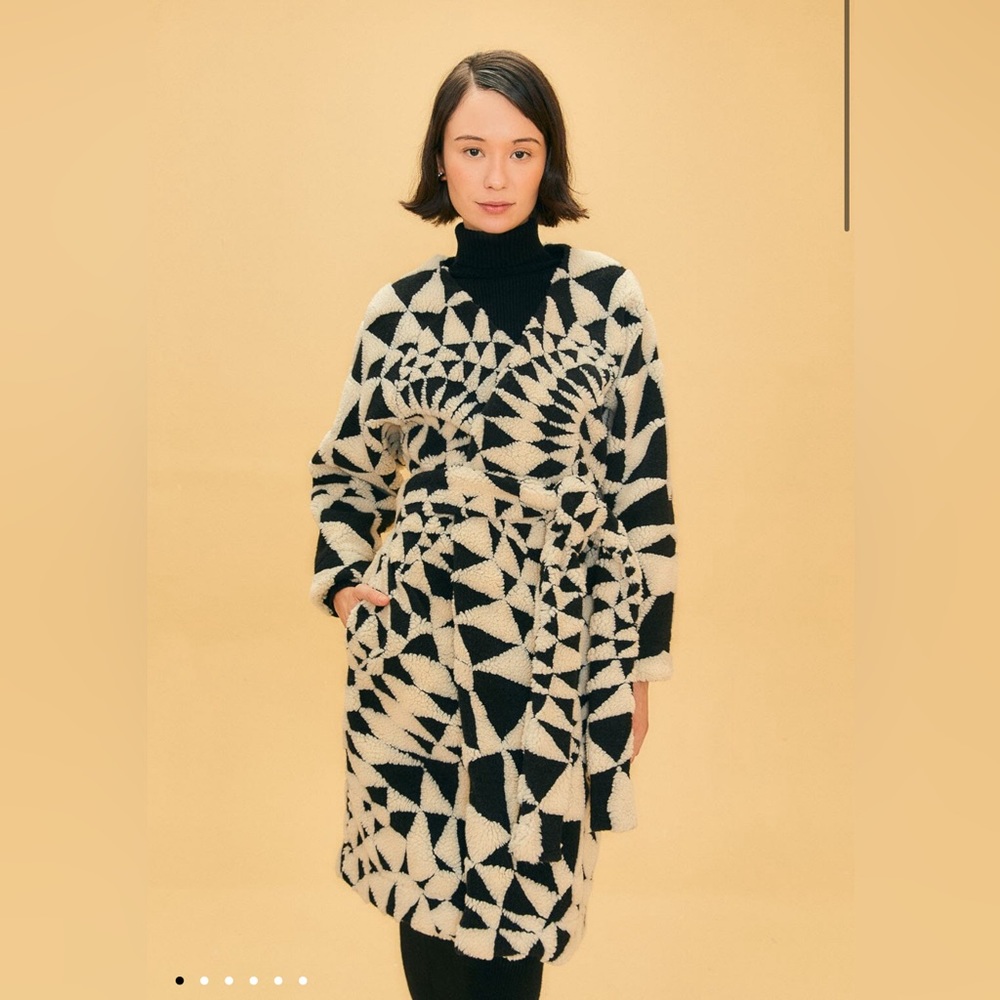 Farm Rio Black & White Heart Deco Maxi Fleece Coat